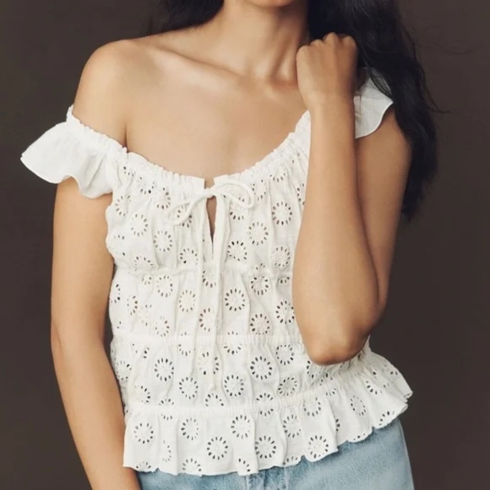 Anthropologie Eyelet Flutter-Sleeve Blouse Floral Embroidered Cotton Top NWT XS